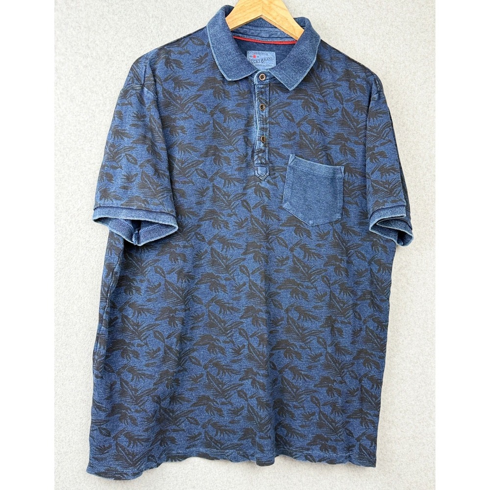 Lucky Brand Polo Mens L Blue True Indigo Tropical Leaf Print 7M61997 Pocket Top